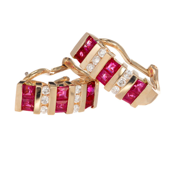 1.08 Carat Ruby Diamond Gold Half Hoop Earrings