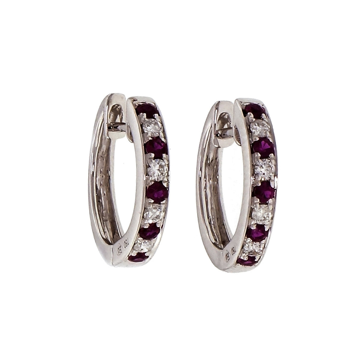Diamond Ruby 18k White Gold Huggie Hoop Earrings