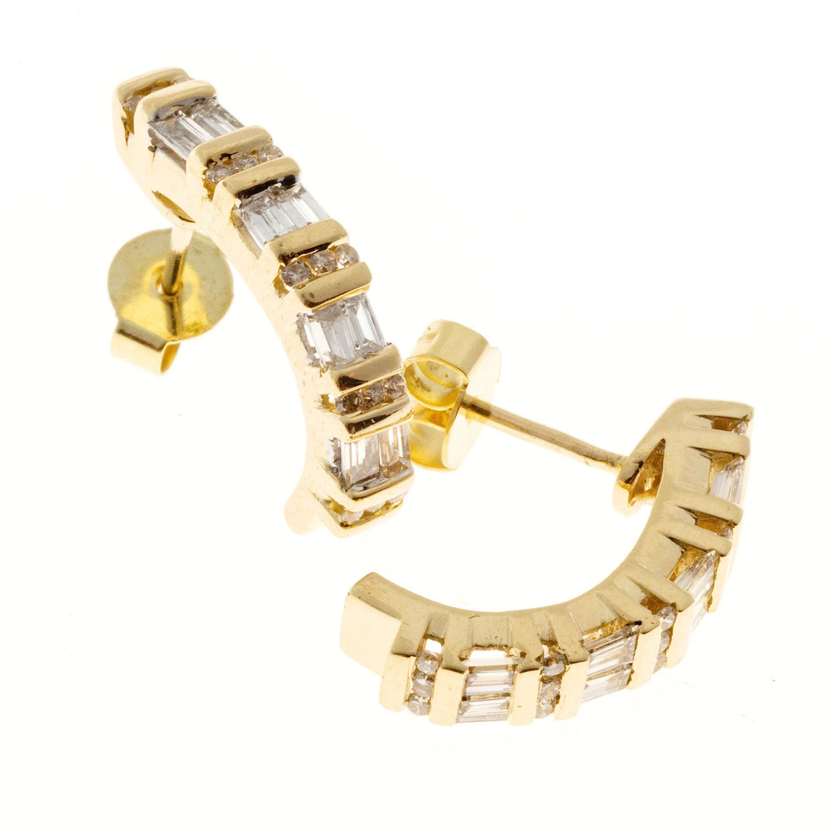 Vintage Estate Cbi Baguette &amp; Round Diamond 14k Yellow Gold Curved Hoop Earrings – image 4