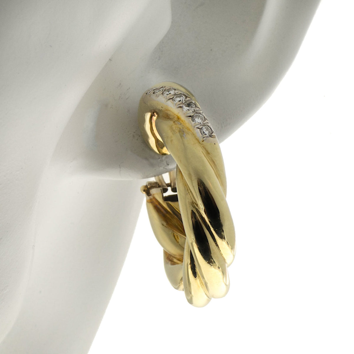Vintage 1 1/4 Inch 18k Yellow Gold Twist Tubing Hoop Earrings .28ct Full Diamond – image 3