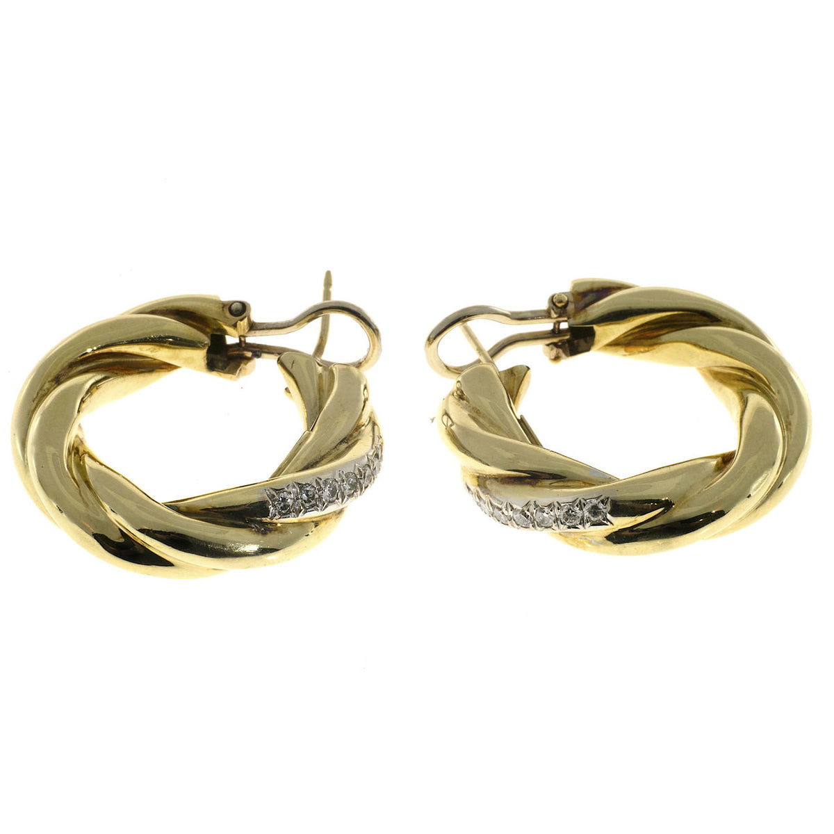 Vintage 1 1/4 Inch 18k Yellow Gold Twist Tubing Hoop Earrings .28ct Full Diamond – image 4