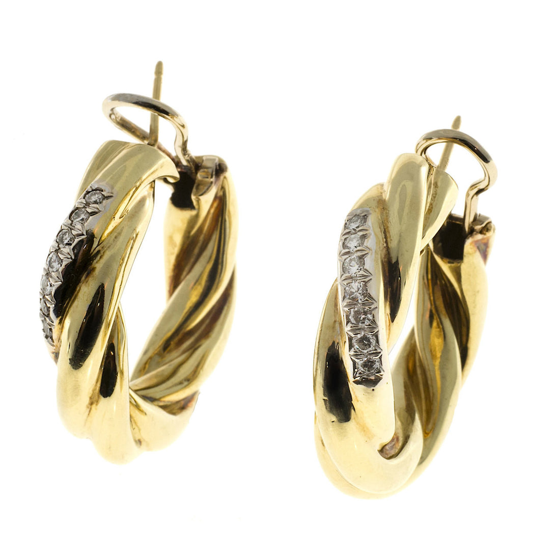 Vintage 1 1/4 Inch 18k Yellow Gold Twist Tubing Hoop Earrings .28ct Full Diamond – image 5