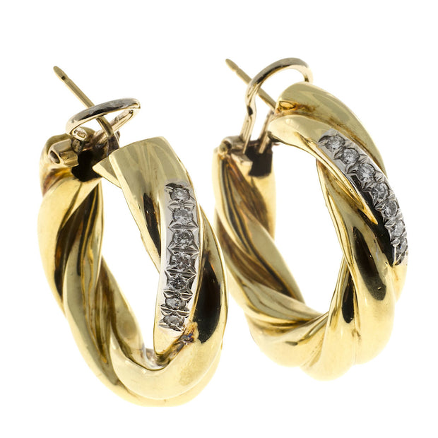 Vintage 1 1/4 Inch 18k Yellow Gold Twist Tubing Hoop Earrings .28ct Full Diamond