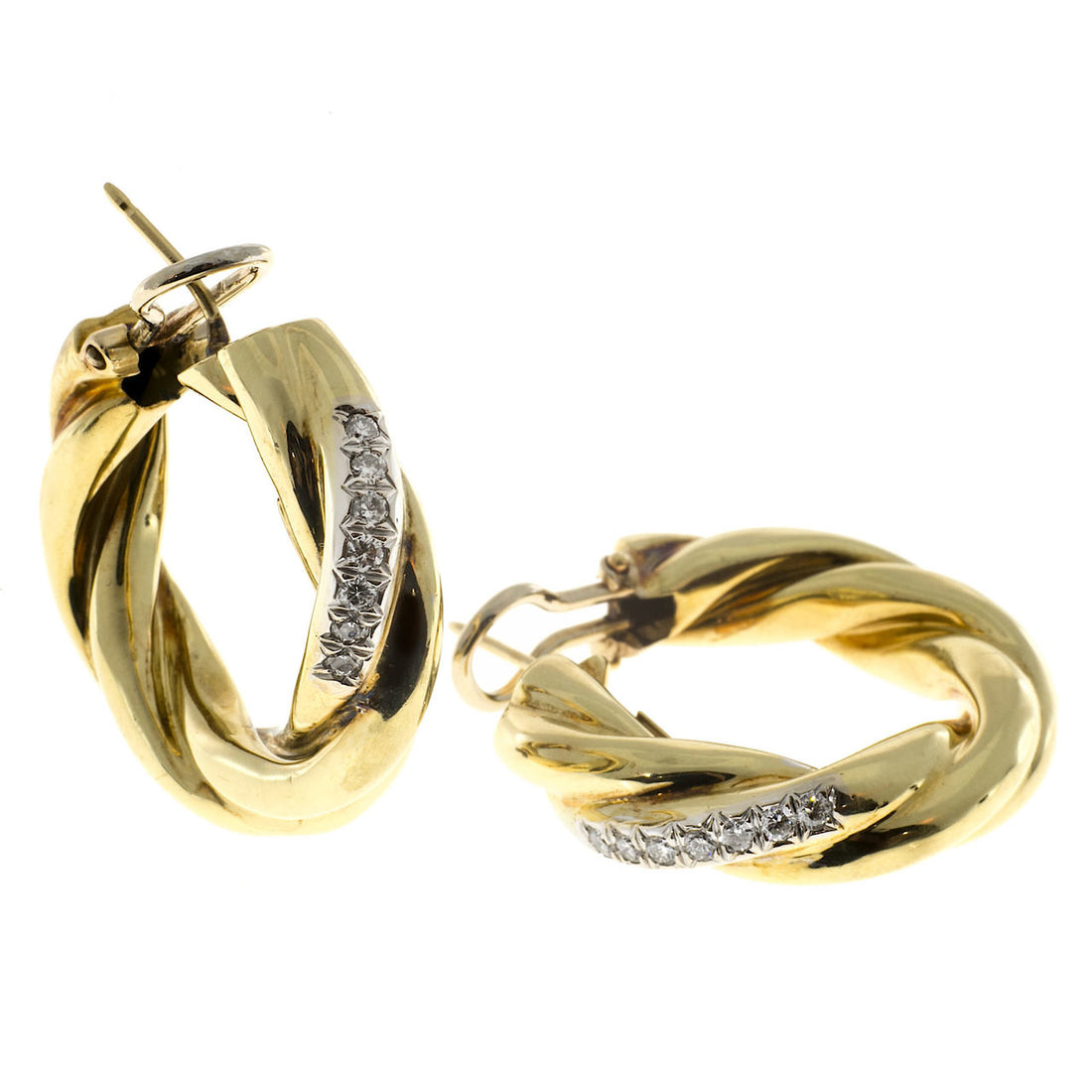 Vintage 1 1/4 Inch 18k Yellow Gold Twist Tubing Hoop Earrings .28ct Full Diamond – image 7
