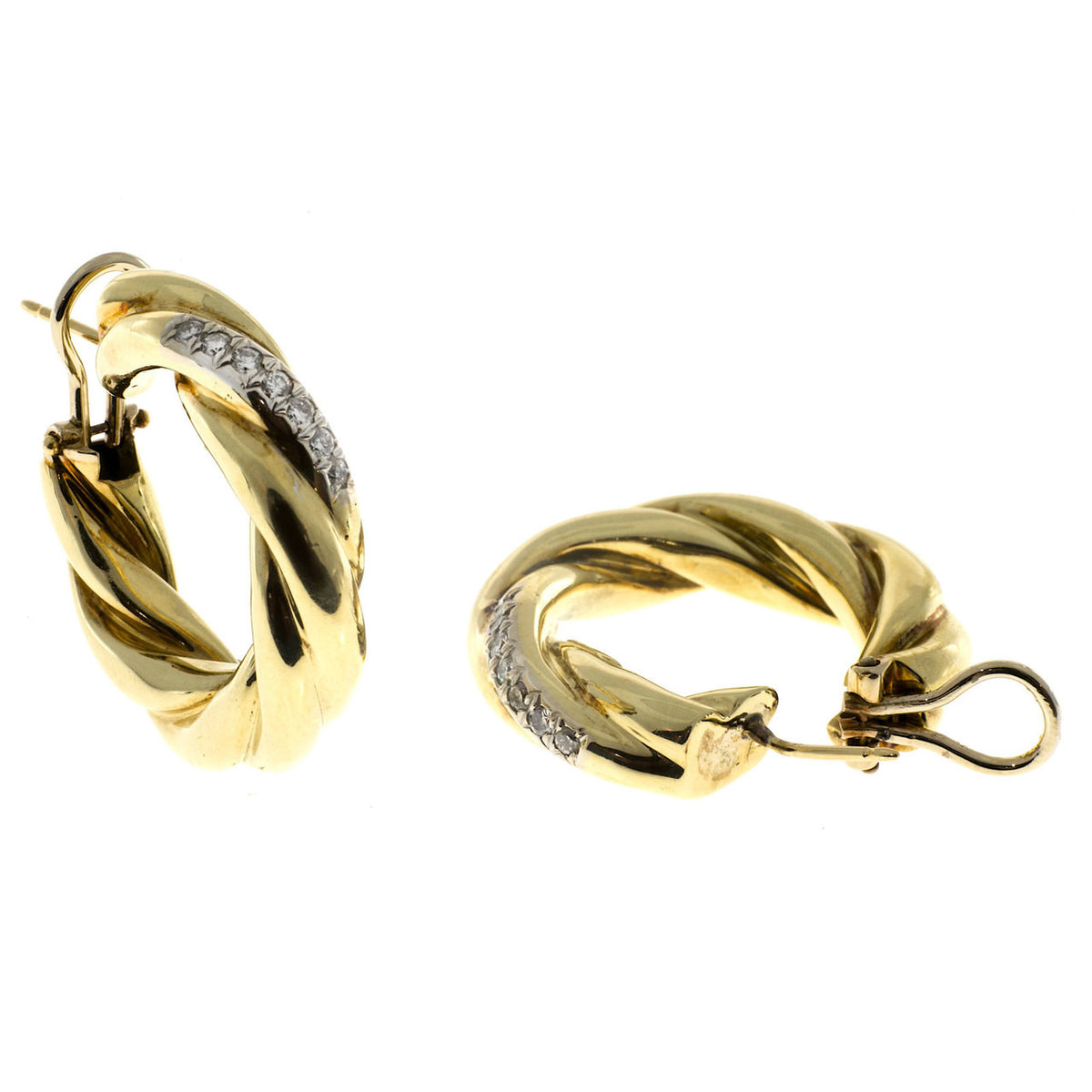 Vintage 1 1/4 Inch 18k Yellow Gold Twist Tubing Hoop Earrings .28ct Full Diamond – image 8
