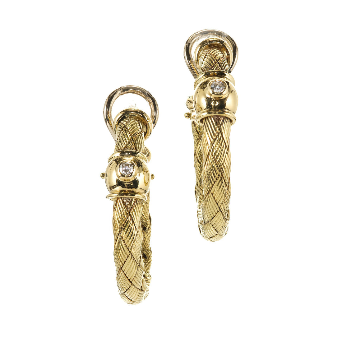 Italian Braided 18k Yellow Gold Hoop Earrings Diamond – image 2