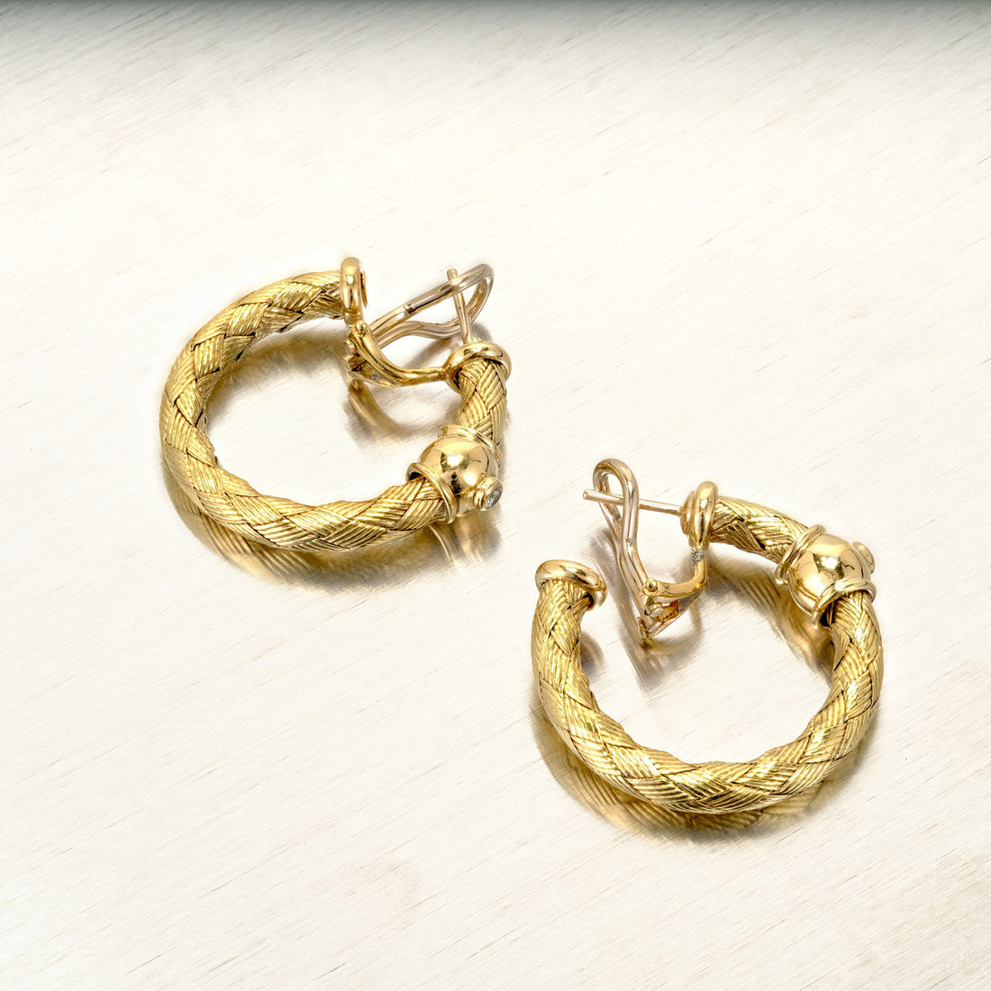 Italian Braided 18k Yellow Gold Hoop Earrings Diamond – image 6