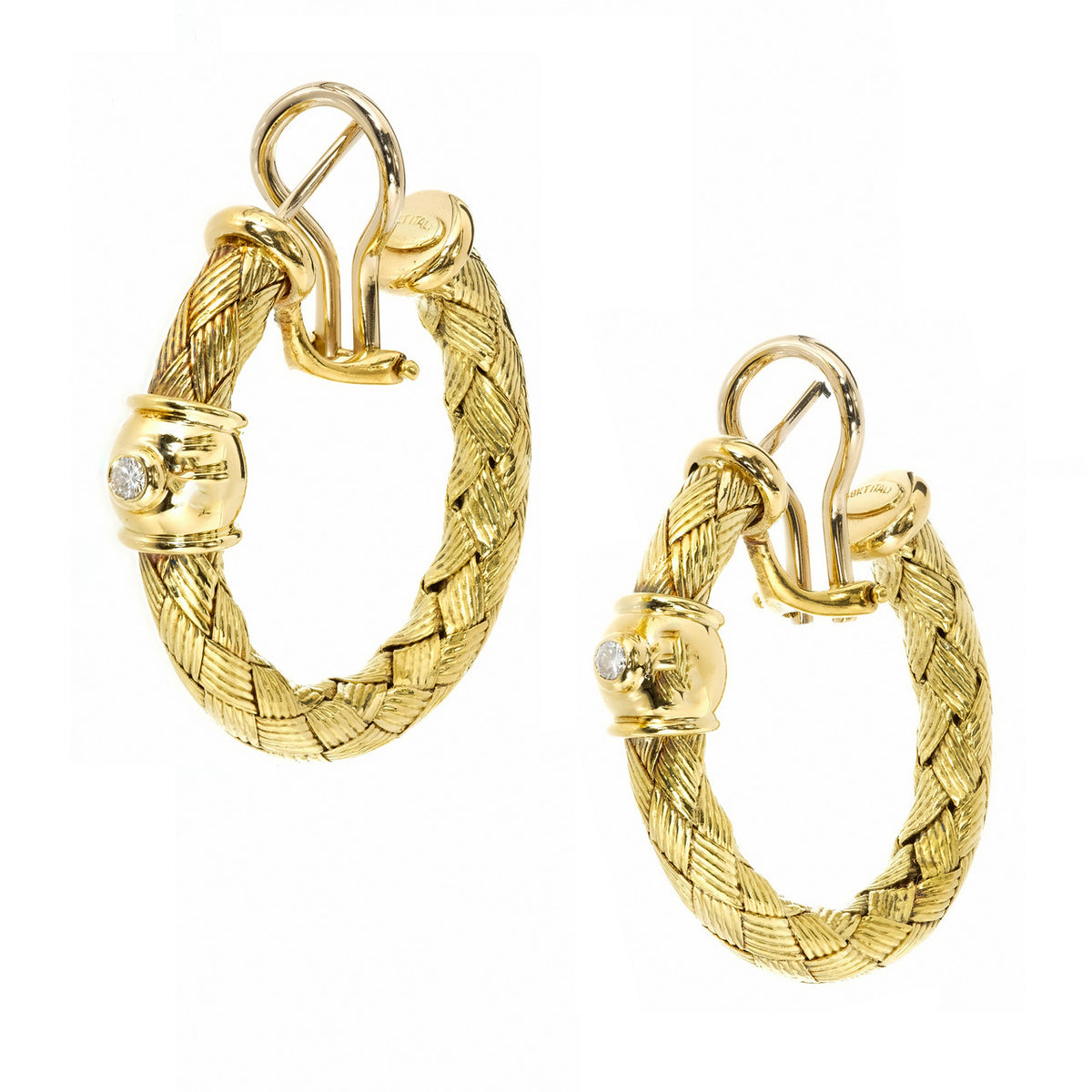 Italian Braided 18k Yellow Gold Hoop Earrings Diamond