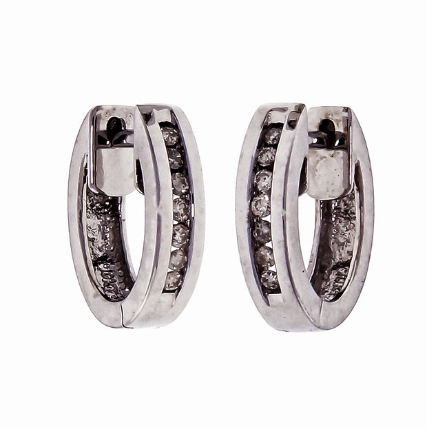 .96ct Channel Set Diamond 10k White Gold Huggie Hoop Earrings
