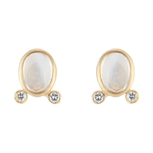 1.73 Carat Oval Cabochon Moonstone Diamond Yellow Gold Earrings