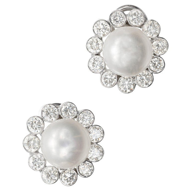 2.20 Carat Diamond Halo Japanese Cultured Pearl Gold Earrings