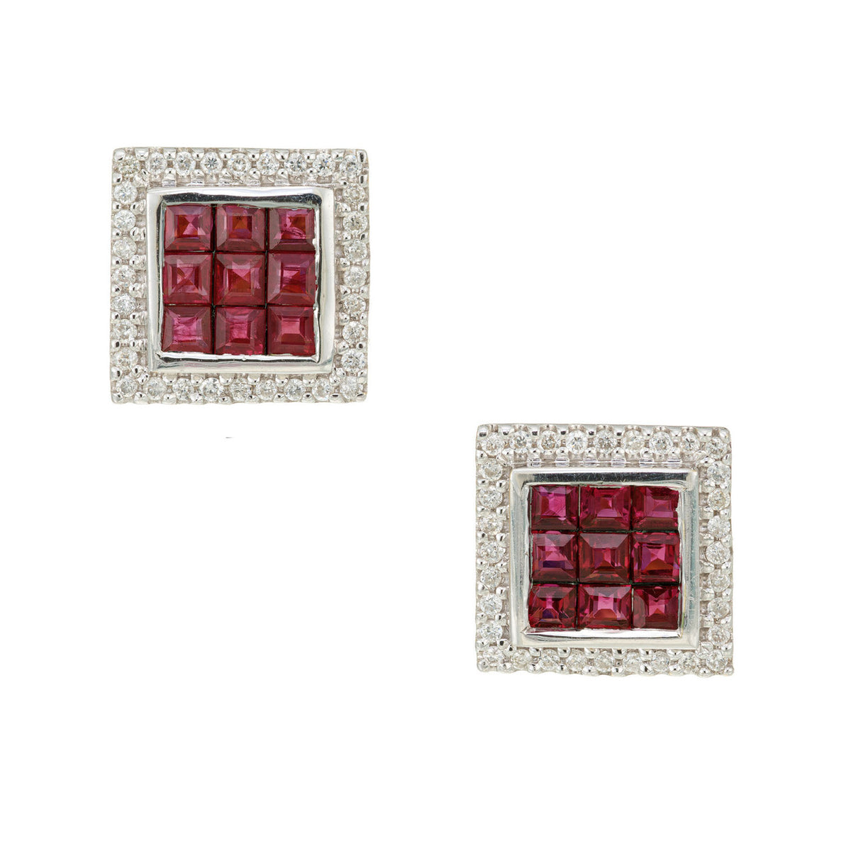 1.15 Carat Square Ruby Diamond Halo Gold Earrings