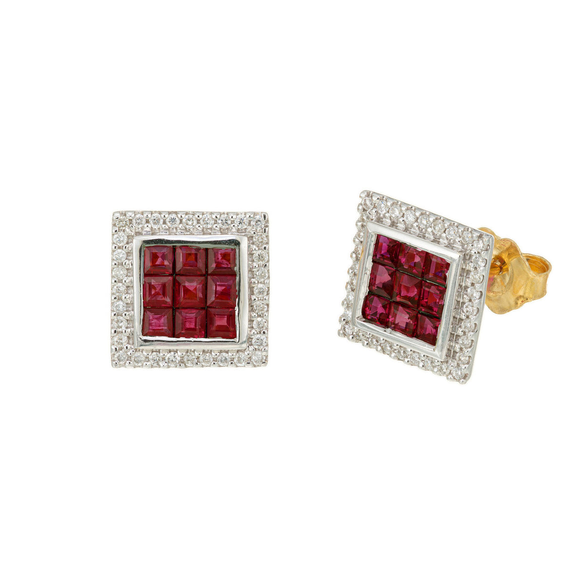 1.15 Carat Square Ruby Diamond Halo Gold Earrings – image 2