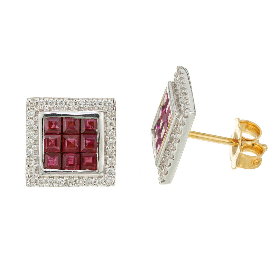 1.15 Carat Square Ruby Diamond Halo Gold Earrings – image 3