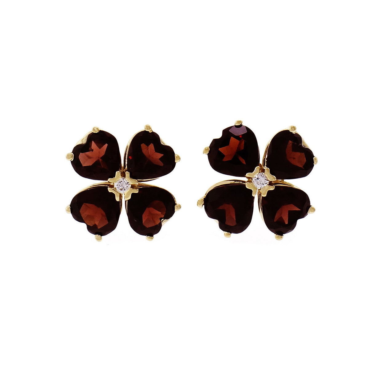 Garnet Clover Earrings Heart Shaped Stones 14k Yellow Gold