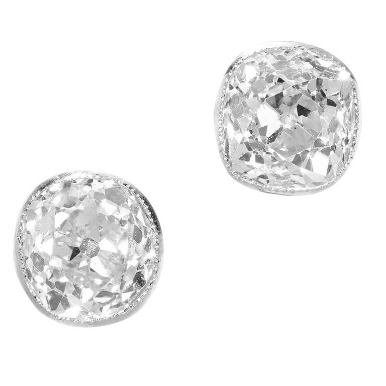 GIA 1.99 Carat Old Mine Brilliant Cut Diamond Bezel Stud Platinum Earrings