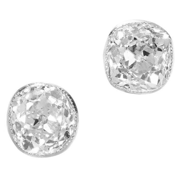 GIA 1.99 Carat Old Mine Brilliant Cut Diamond Bezel Stud Platinum Earrings