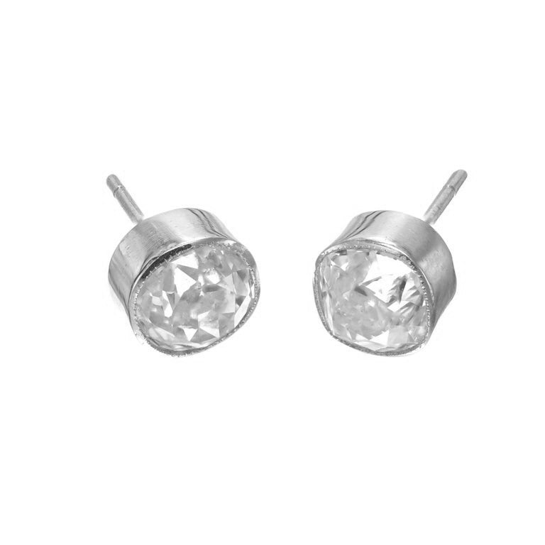 GIA 1.99 Carat Old Mine Brilliant Cut Diamond Bezel Stud Platinum Earrings – image 3