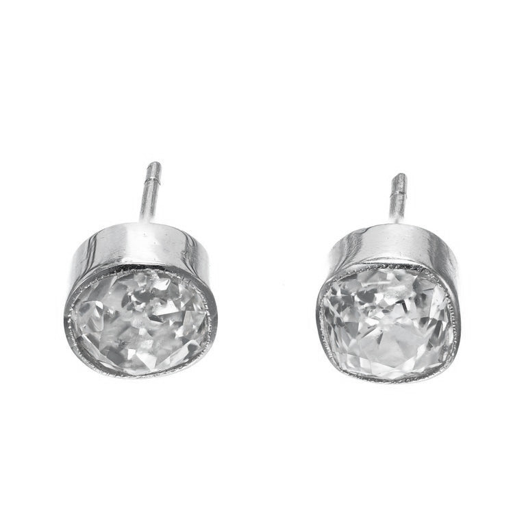 GIA 1.99 Carat Old Mine Brilliant Cut Diamond Bezel Stud Platinum Earrings – image 2