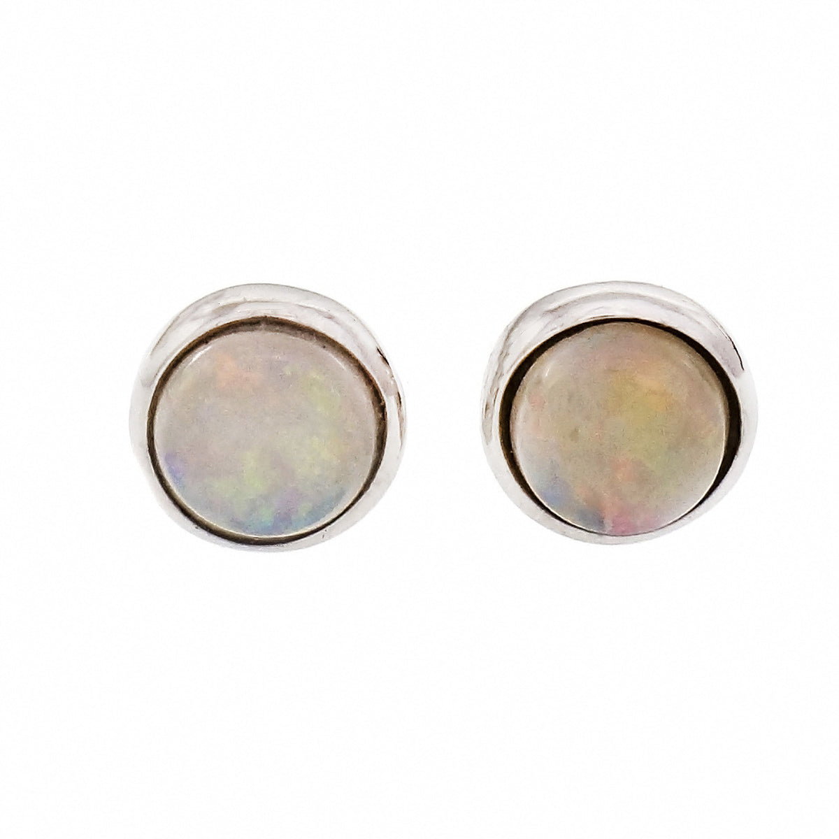 Round Opal Stud Earrings 14k White Gold
