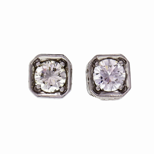 Peter Suchy 8-Sided Engraved Diamond Earrings 0.99ct Deco Style 18k White Gold