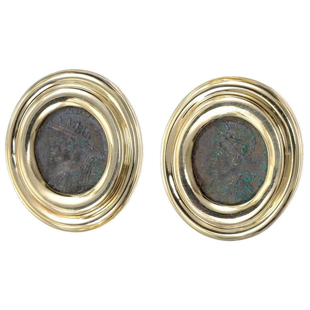 Yellow Gold Ancient Coin Clip Post Earrings