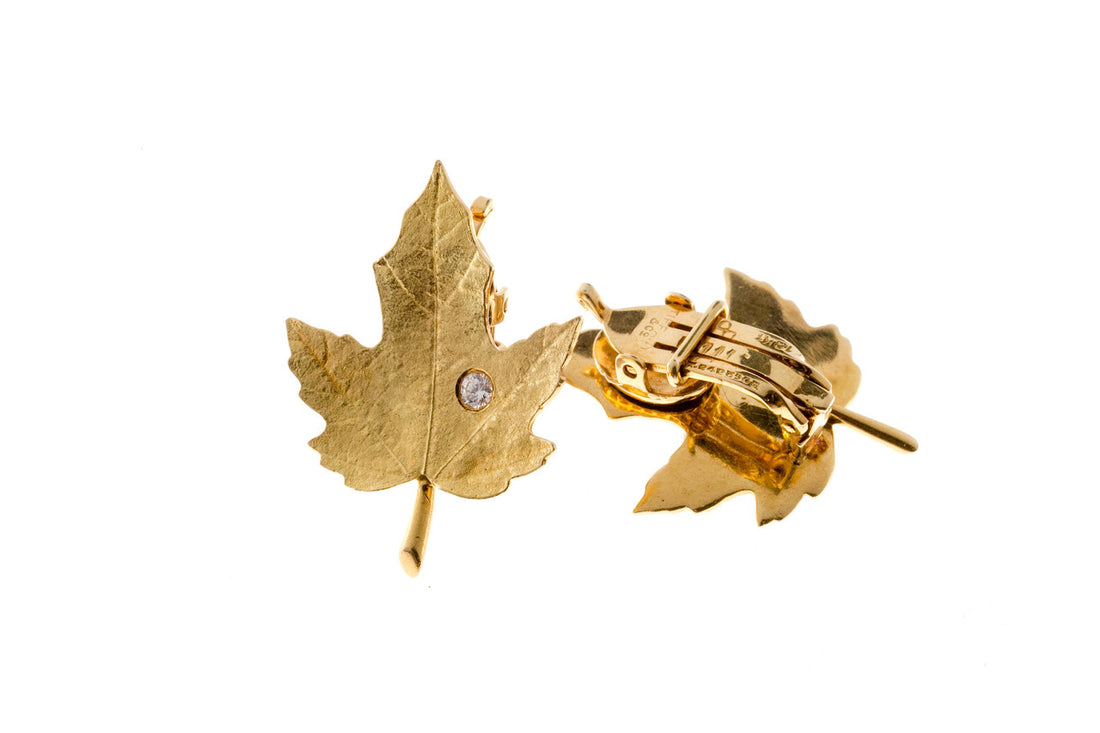 Vintage Tiffany + Co 18k Gold Diamond Textured Maple Leaf Non Pierced Earrings – image 9