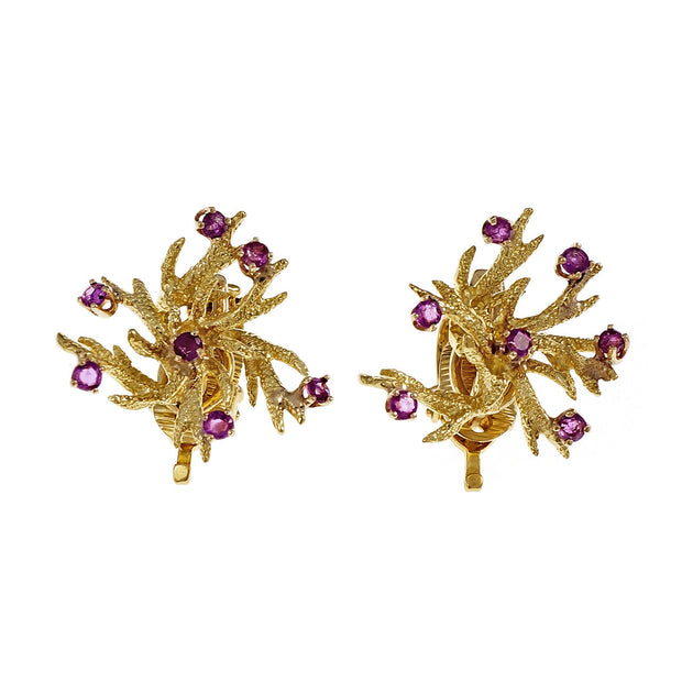 McTeigue Natural GIA Ruby Textured Earrings 18k Yellow Gold Clip Post