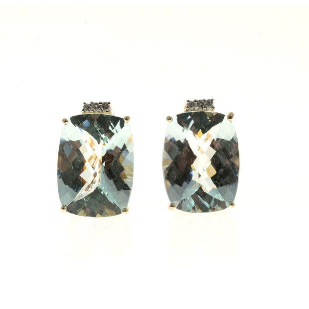 Estate Cushion Cut Aqua Diamond Earrings Clip Post 18k Yellow Gold