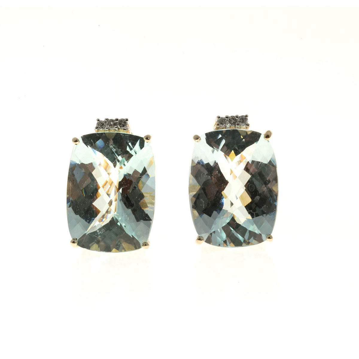 Estate Cushion Cut Aqua Diamond Earrings Clip Post 18k Yellow Gold – image 7