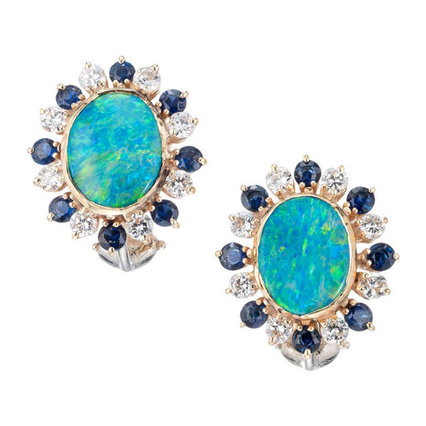 3.50 Carat Boulder Opal Sapphire Diamond Gold Clip Post Earrings