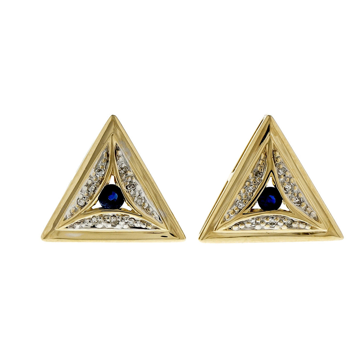 Estate Triangular Earrings Sapphire Diamond 14k Yellow Gold