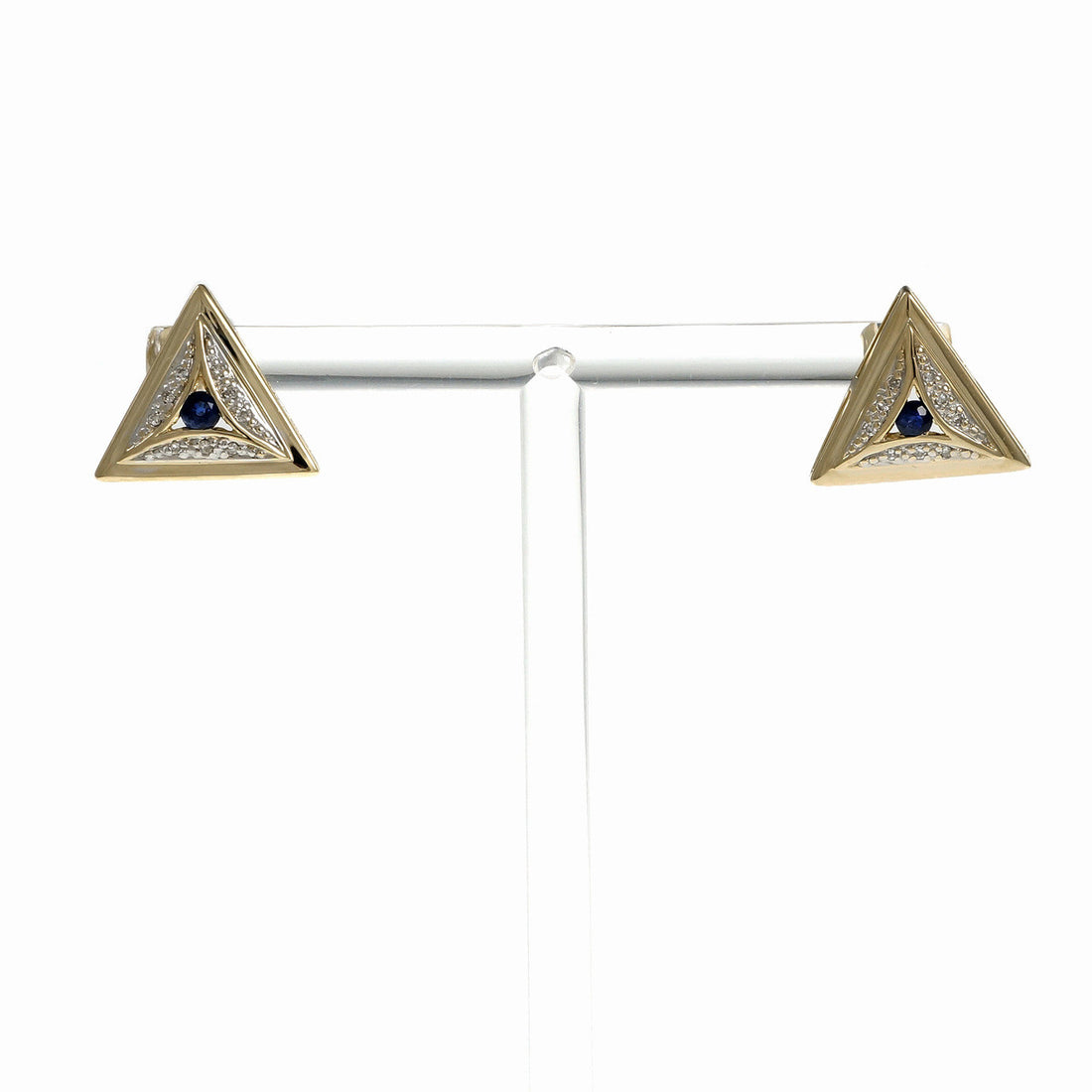 Estate Triangular Earrings Sapphire Diamond 14k Yellow Gold – image 2