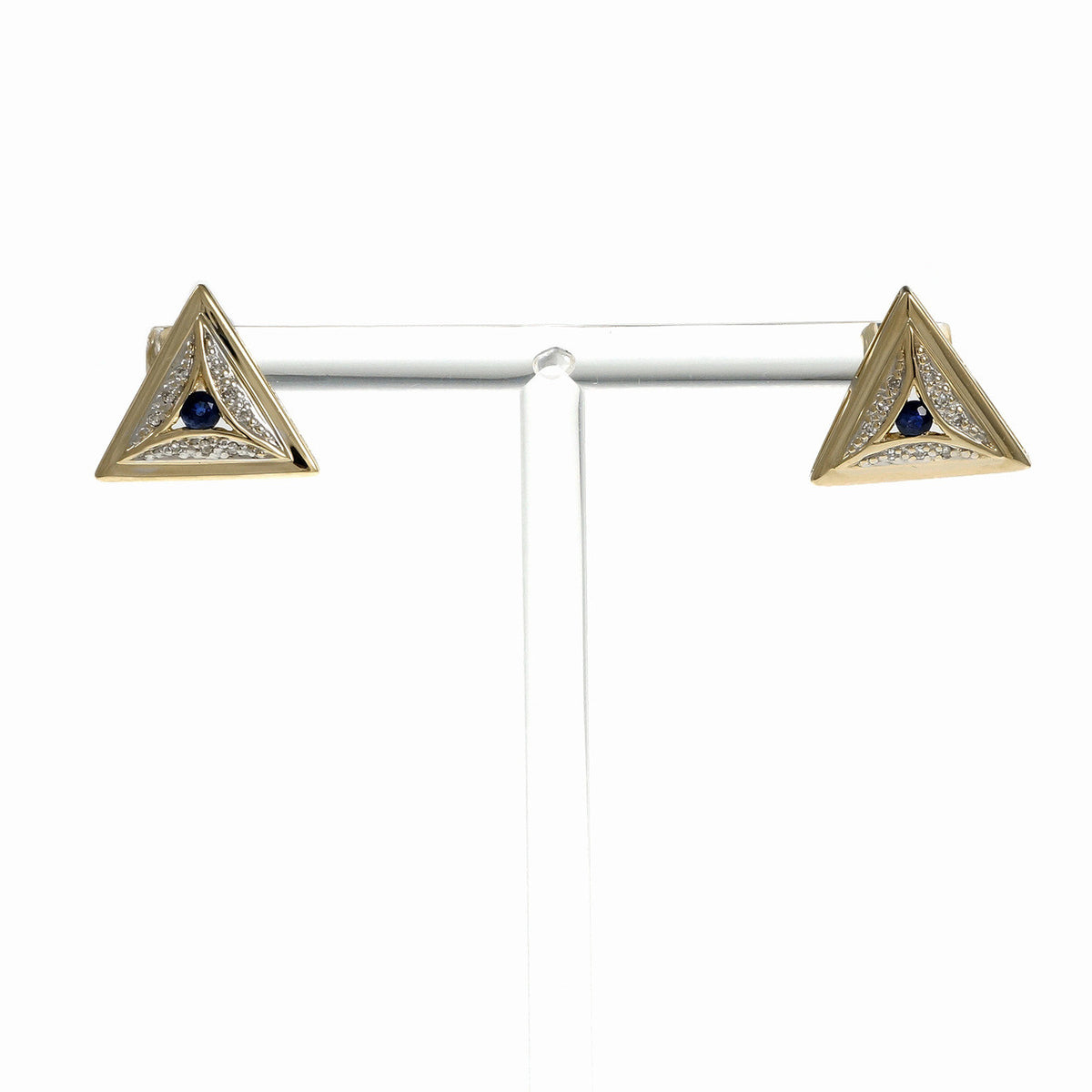 Estate Triangular Earrings Sapphire Diamond 14k Yellow Gold – image 2