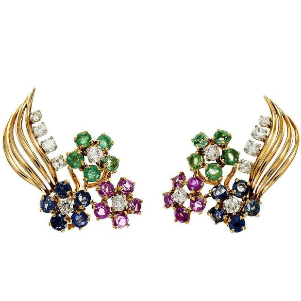 Vintage 1940 Flower Earrings Diamond Emerald Sapphire Ruby 14k Rose Gold