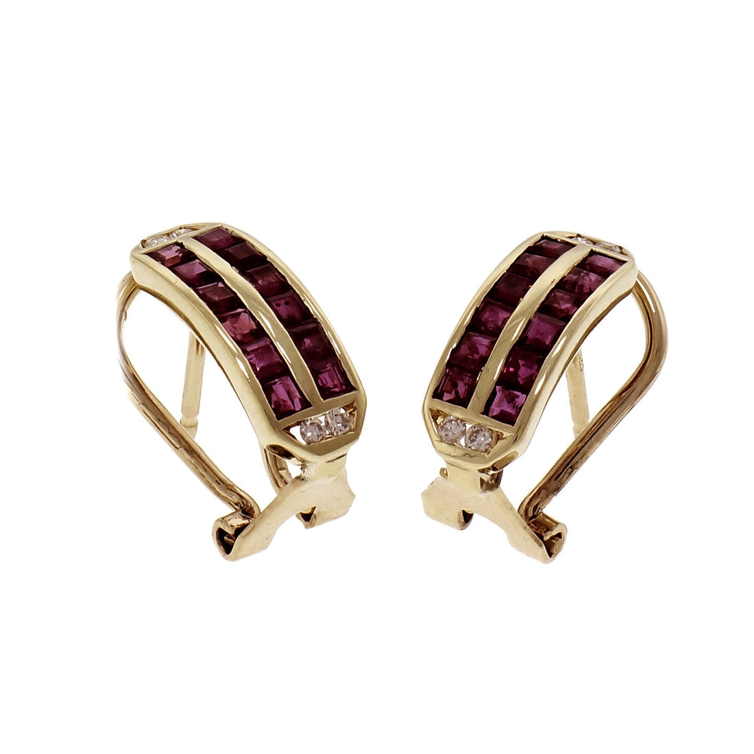 Estate Ruby Diamond Hoop Earrings 14k Yellow Gold – image 2