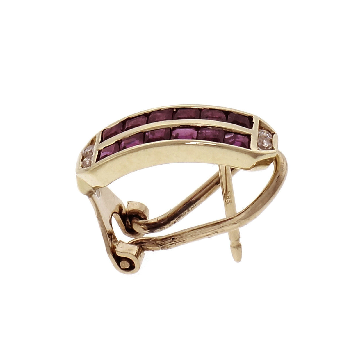 Estate Ruby Diamond Hoop Earrings 14k Yellow Gold – image 3