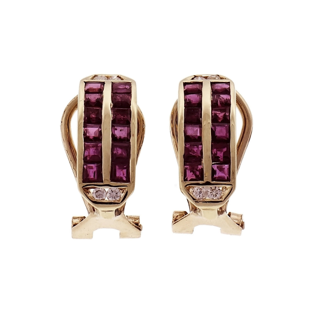 Estate Ruby Diamond Hoop Earrings 14k Yellow Gold