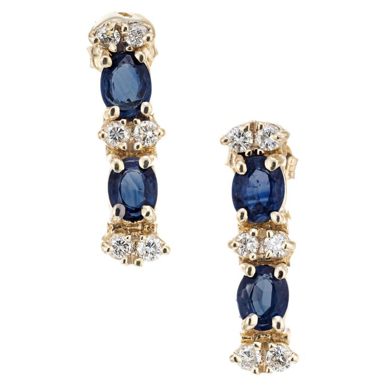 2.00 Carat Blue Sapphire Diamond Yellow Gold Dangle Earrings