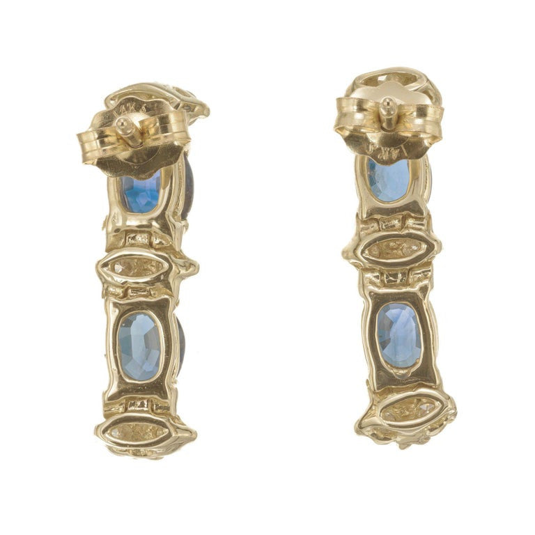 2.00 Carat Blue Sapphire Diamond Yellow Gold Dangle Earrings – image 3