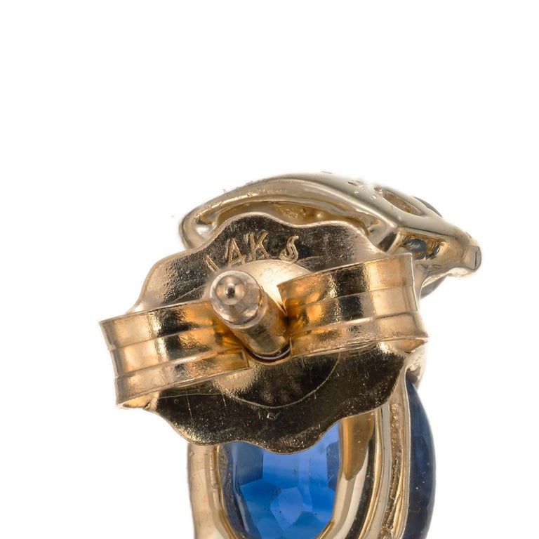 2.00 Carat Blue Sapphire Diamond Yellow Gold Dangle Earrings – image 4