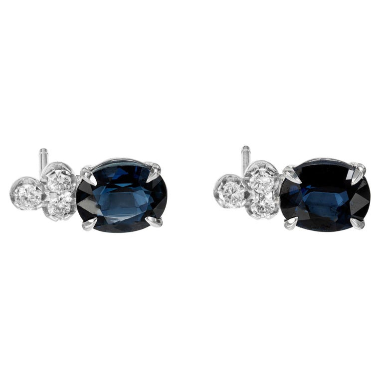 4.10 Carat Blue Oval Sapphire Diamond Gold Dangle Earrings – image 2