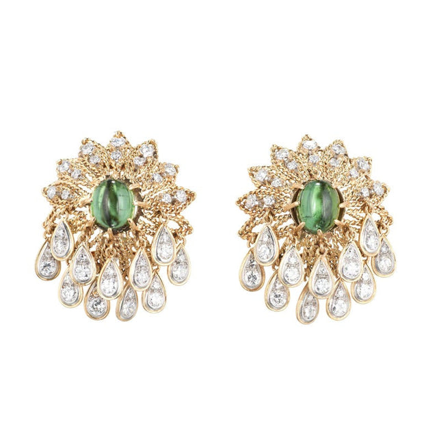 Green Tourmaline Diamond Gold Cluster Dangle Earrings