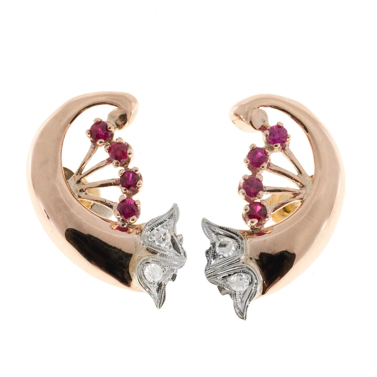 Antique Art Deco Retro .80ct Ruby 14k Pink Gold Swirl Earrings