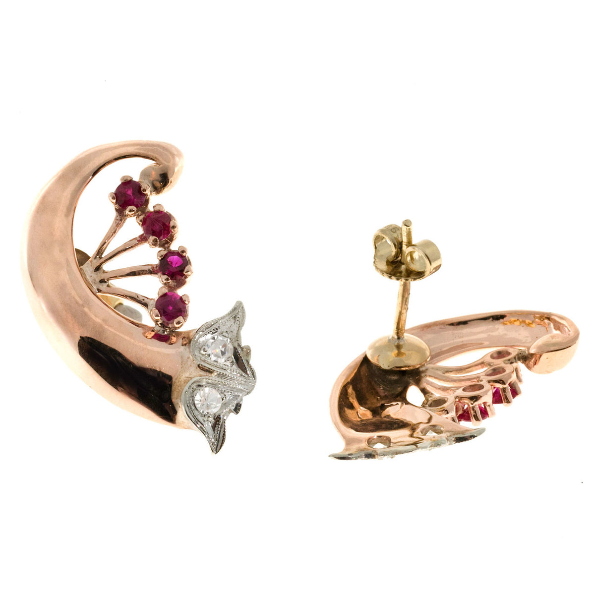 Antique Art Deco Retro .80ct Ruby 14k Pink Gold Swirl Earrings – image 4