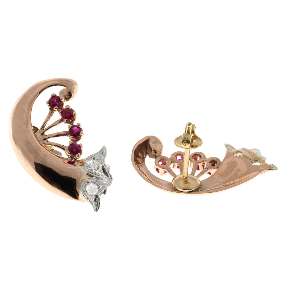 Antique Art Deco Retro .80ct Ruby 14k Pink Gold Swirl Earrings – image 2