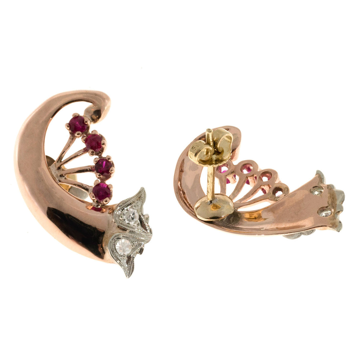 Antique Art Deco Retro .80ct Ruby 14k Pink Gold Swirl Earrings – image 3