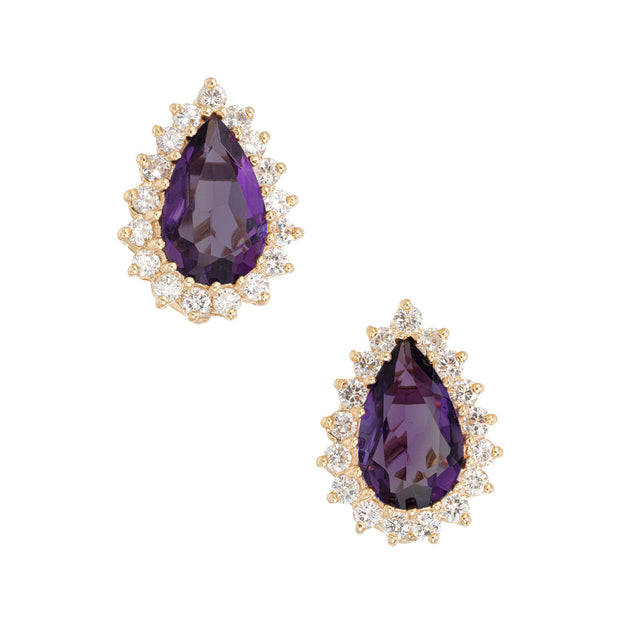7.00 Carat Pear Amethyst Diamond Halo 14k Yellow Gold Clip Post Earrings