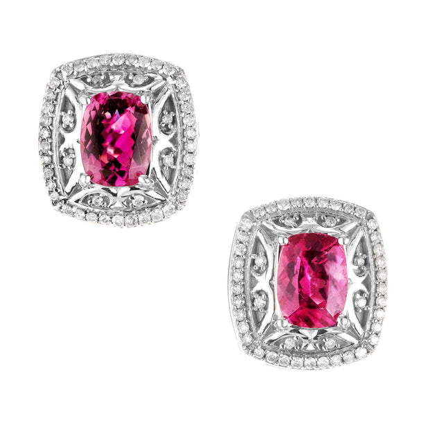 2.40 Carat Oval Pink Tourmaline Diamond Halo White Gold Earrings