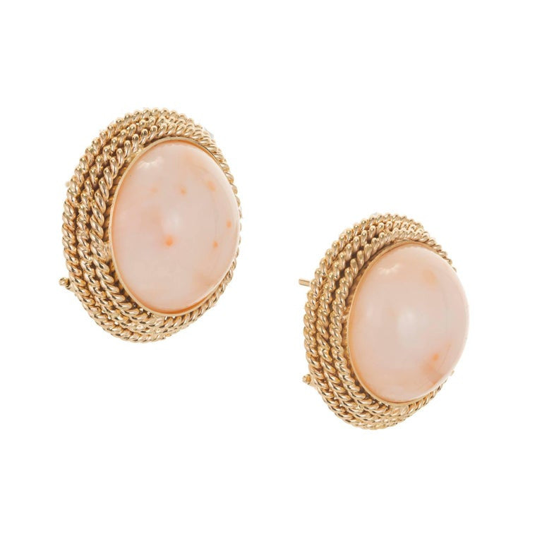 Large Pink Dome Coral Mid Century Yellow Gold Clip Post Earrings – image 2
